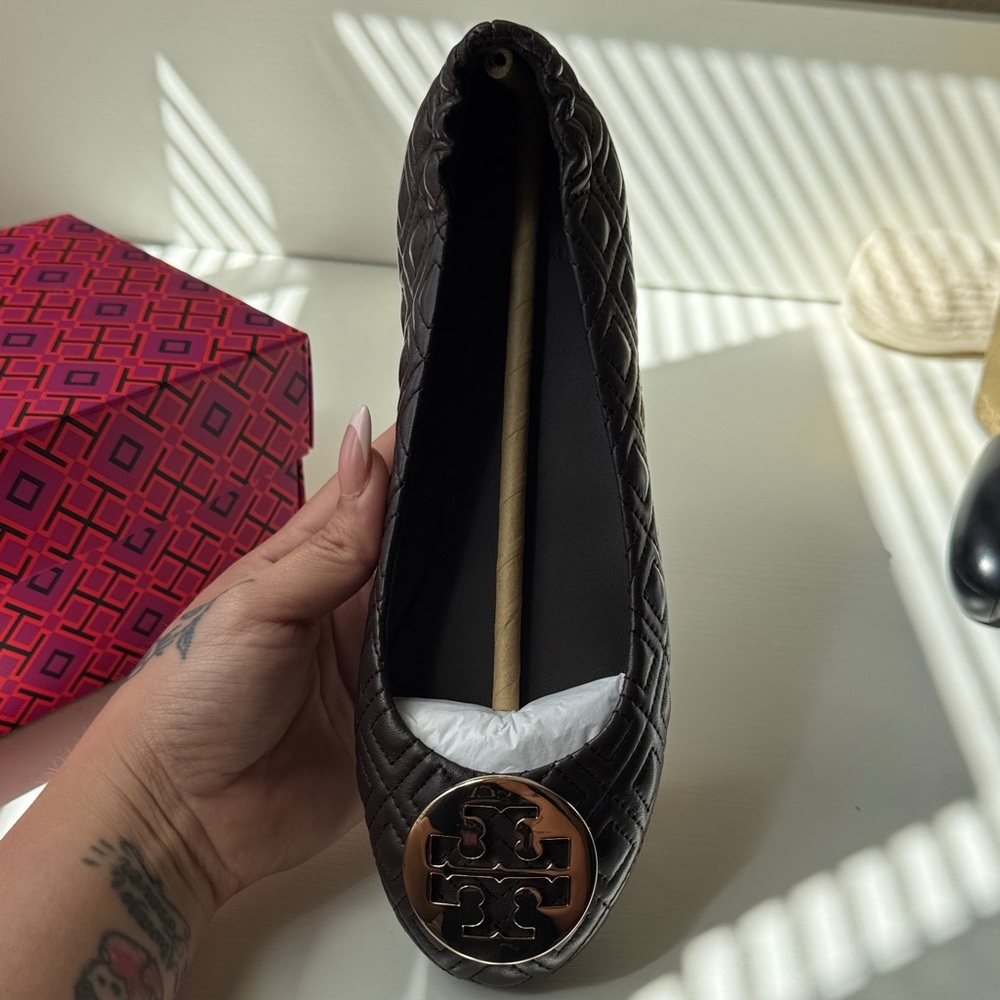 Tory Burch Black Quilted Flats with Gold Logo
